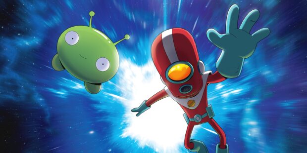 Final Space Wallpapers showing main characters floating in a vivid space portal, 2K Desktop Wallpaper