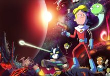 The main characters from Final Space are standing on a volcanic planet with a bright star in the background, HD Desktop Wallpaper