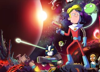 The main characters from Final Space are standing on a volcanic planet with a bright star in the background, HD Desktop Wallpaper
