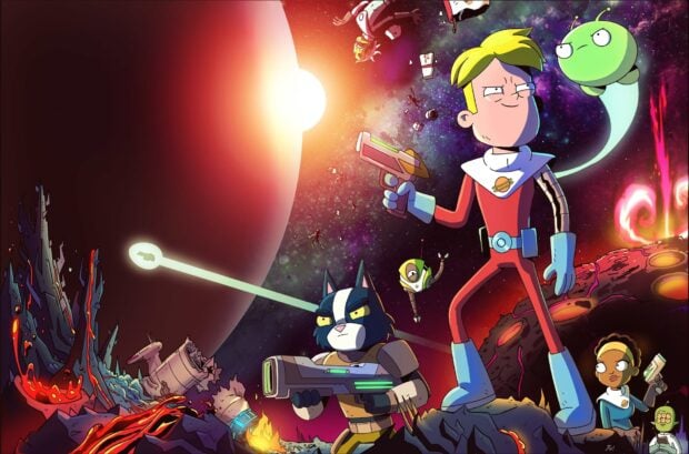 The main characters from Final Space are standing on a volcanic planet with a bright star in the background, HD Desktop Wallpaper