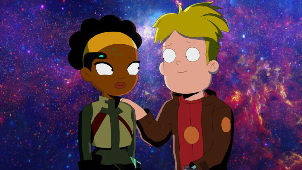 Two Final Space characters share a moment against a starry galaxy background, 4K Desktop Wallpaper