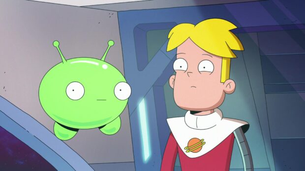 A blonde astronaut and a green alien are in a spaceship with Final Space wallpapers, HD Desktop Wallpaper