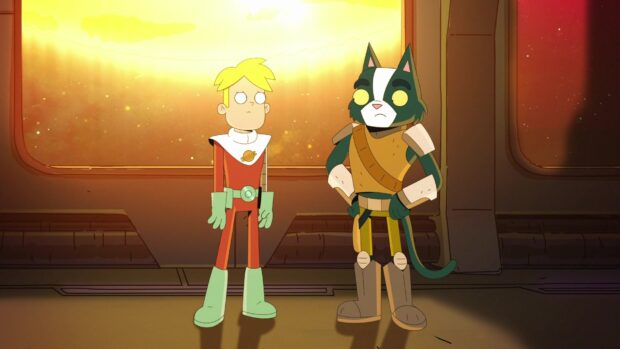 Two Final Space characters stand in a spaceship corridor with a bright yellow light behind them, HD Desktop Wallpaper