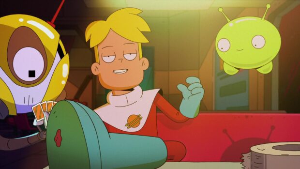 A blonde character and two aliens are playing cards at a table in Final Space Wallpapers, HD Desktop Wallpaper