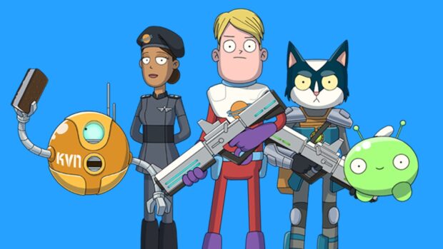 The Final Space characters stand confidently holding futuristic weapons against a blue background, HD Desktop Wallpaper