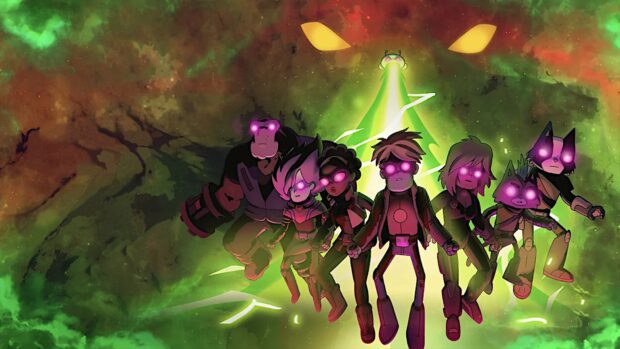 The Final Space characters with glowing purple eyes in a green cosmic background, HD Desktop Wallpaper