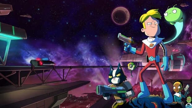 The Final Space characters pose with futuristic weapons under a starry sky, HD Desktop Wallpaper
