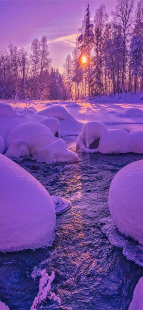 Snow covered rocks and trees in a Finland winter landscape with a glowing sunset