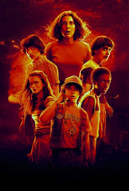 The image shows Finn Wolfhard and friends in a dramatic red scene, 2K Phone Wallpaper