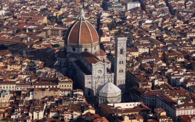 Aerial view of Florence showcasing the historic cathedral and surrounding buildings in rich detail, HD Desktop Wallpaper
