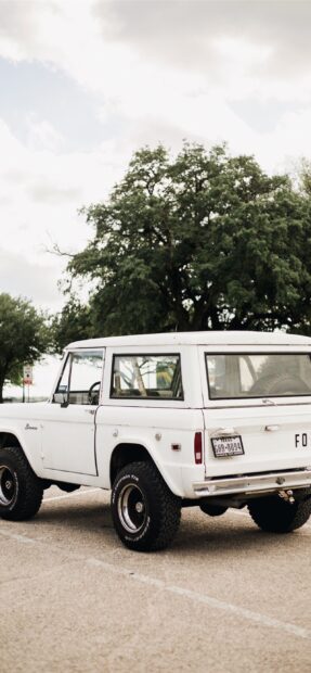White Ford Bronco vehicle parked near large green trees on a cloudy day
