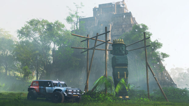 A Ford Bronco vehicle parked near an ancient stone pyramid and a large green statue in a jungle setting