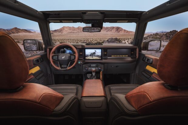 Interior view of a Ford Bronco dashboard showcasing modern design and controls