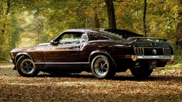 Classic Ford Mustang parked in autumn forest with fallen leaves on the ground