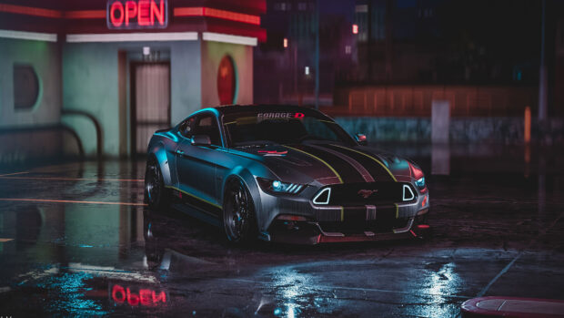 A sleek Ford Mustang with racing stripes parked in a wet urban area at night