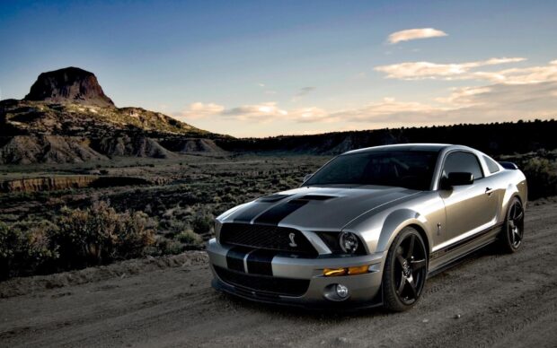 Silver Shelby Ford Mustang with black racing stripes parked on mountain dirt road at sunset