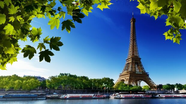 The Eiffel Tower framed by green leaves overlooking the river in a sunny clear sky France scene