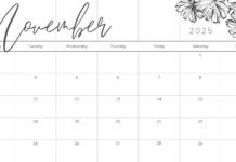 Calendar page featuring the month of November 2025 with floral illustrations and elegant handwritten font for the month name.