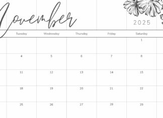 Calendar page featuring the month of November 2025 with floral illustrations and elegant handwritten font for the month name.