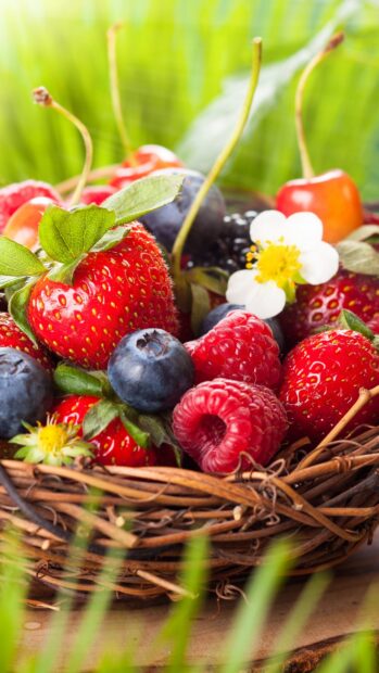 A basket filled with fresh strawberries raspberries and blueberries represents berries wallpapers, 4K Phone Wallpaper