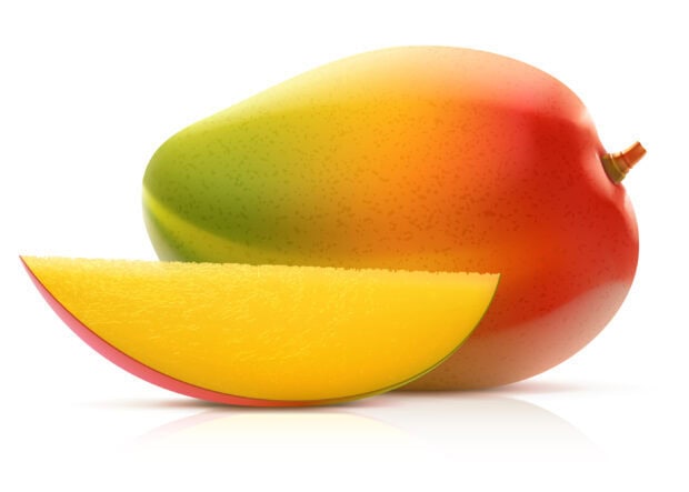 A ripe mango with a sliced piece showing the juicy yellow flesh in front, 2K Desktop Wallpaper
