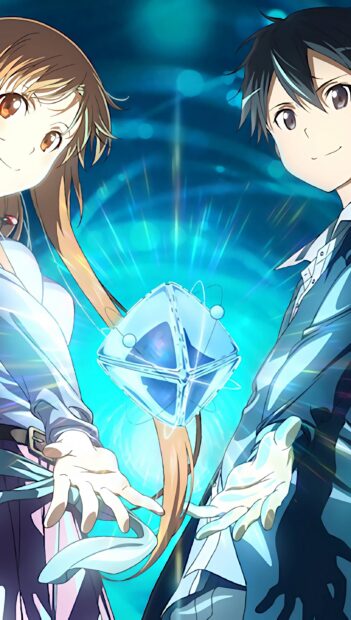 The characters from Sword Art Online stand united with glowing cube between them, 2K Phone Wallpaper