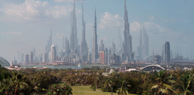 A futuristic city skyline rises behind a lush green park under a bright sky, 2K Desktop Wallpaper