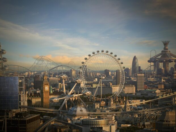A modern cityscape featuring the London Eye and surrounding buildings at sunset, 2K Desktop Wallpaper