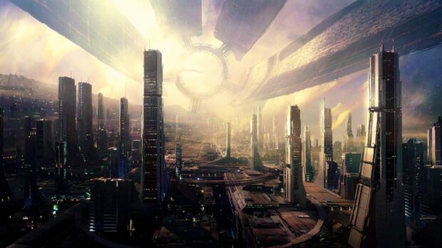 A futuristic city skyline with towering buildings and dramatic light shining through a massive structure, HD Desktop Wallpaper