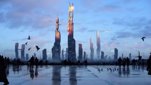 People gather in a futuristic city skyline with tall illuminated towers and birds flying, HD Desktop Wallpaper