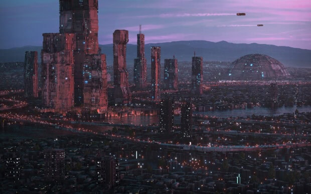 The futuristic city skyline at dusk features tall illuminated towers and flying vehicles, HD Desktop Wallpaper