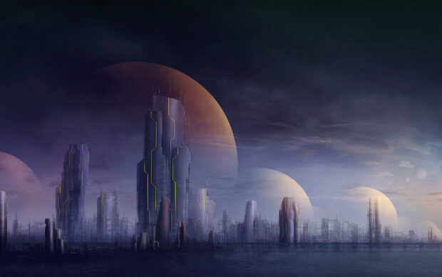 A futuristic city skyline features towering buildings under multiple large moons in a misty atmosphere, 2K Desktop Wallpaper