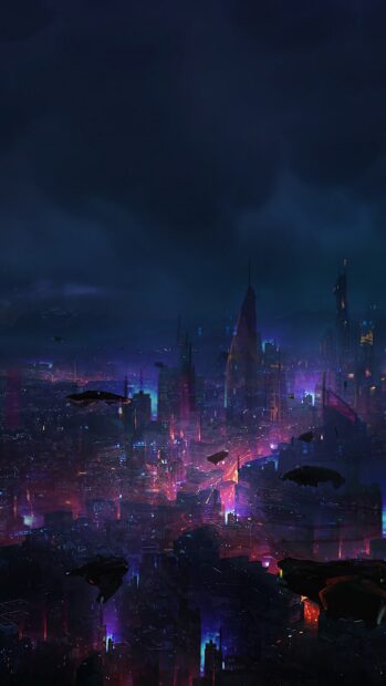 A futuristic city skyline illuminated by neon lights under a dark sky, 4K Mobile Wallpaper