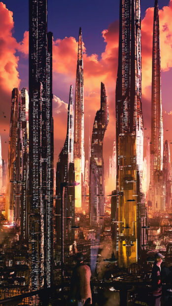 A futuristic city skyline features towering skyscrapers under a vibrant sunset sky, 4K Phone Wallpaper