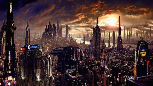 The futuristic city skyline displays towering buildings under a dramatic sunset sky, 4K Desktop Wallpaper