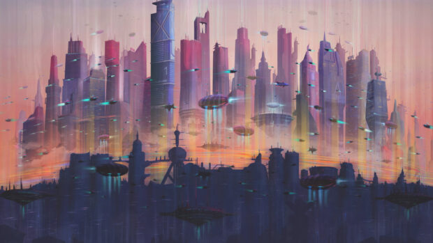 The futuristic city skyline features tall buildings and flying vehicles at sunset, 4K Desktop Wallpaper