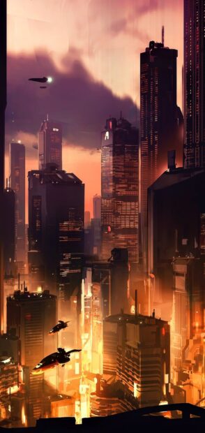 The futuristic city skyline glows with orange lights and flying vehicles during sunset, HD Mobile Wallpaper