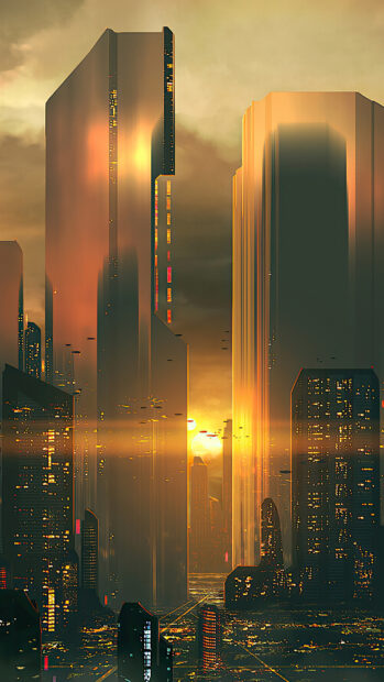 The futuristic city skyline is illuminated by the setting sun with glowing skyscrapers and detailed architecture, 4K Phone Wallpaper