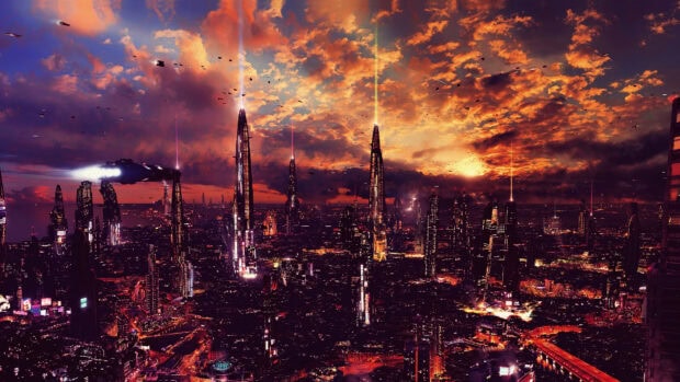 The futuristic city skyline is illuminated with glowing skyscrapers under a dramatic sunset sky, 4K Desktop Wallpaper