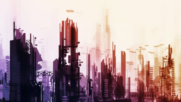The futuristic city skyline shows abstract tall buildings blending purple and orange tones, 4K Desktop Wallpaper
