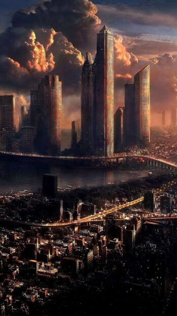 A futuristic city skyline glows under dramatic clouds during sunset, HD Phone Wallpaper
