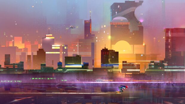 A futuristic city skyline glows with sunset colors and a person skating near water, 4K Desktop Wallpaper