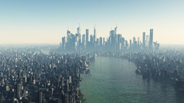 A futuristic city skyline with advanced skyscrapers and a large river running through it, HD Desktop Wallpaper