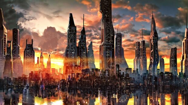 A futuristic city skyline features tall modern skyscrapers reflecting in water during sunset, 4K Desktop Wallpaper