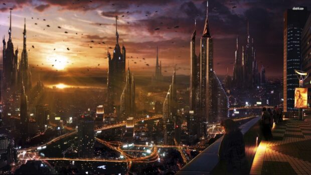 A futuristic city skyline with glowing towers and flying vehicles during sunset, HD Desktop Wallpaper
