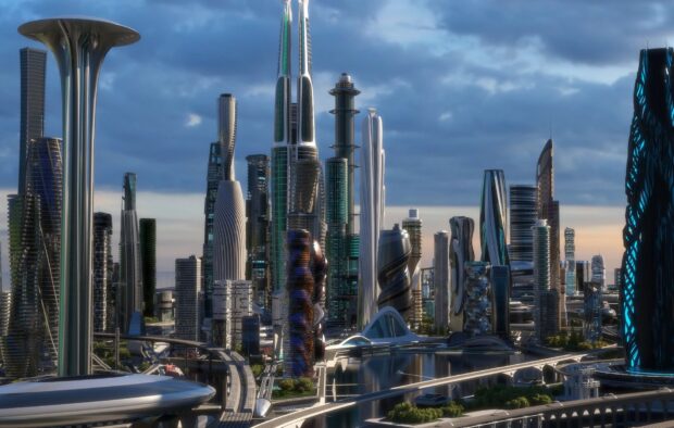 A futuristic city skyline with modern skyscrapers under a cloudy sky, HD Desktop Wallpaper