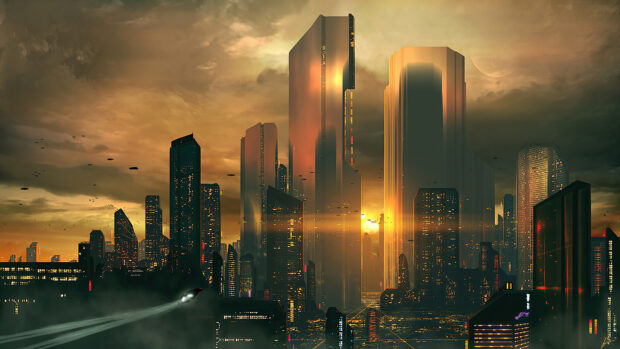 A futuristic city skyline with tall glowing skyscrapers under a cloudy sky at sunset, 4K Desktop Wallpaper