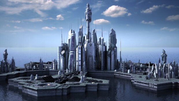 A futuristic city skyline with advanced buildings surrounded by water under a blue sky, 4K Desktop Wallpaper