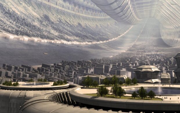 A futuristic city skyline shows a complex urban structure with innovative buildings and greenery, HD Desktop Wallpaper