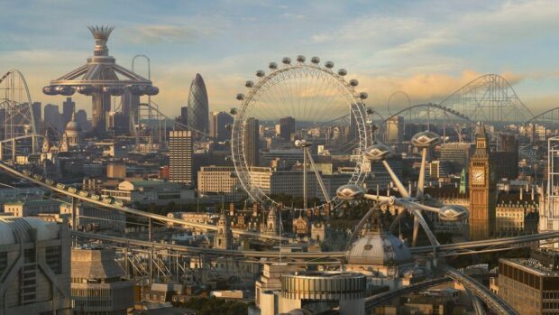 A futuristic city skyline with modern buildings and unique roller coaster elements, HD Desktop Wallpaper